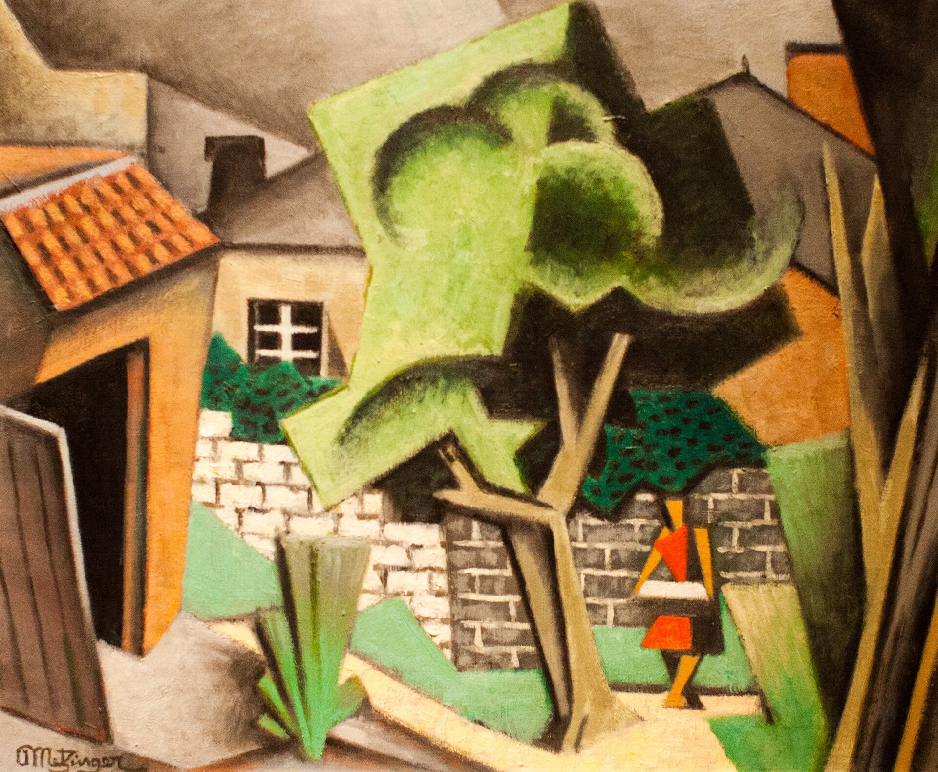 Ilustracja przedstawia obraz Jeana Metzingera „Pejzaż”. Ukazuje architekturę, drzewa i kobietę. Domy przysłaniają się i tworzą kubistyczne bryły. Zgeometryzowane jest również drzewo pośrodku - składa się z prostych nakładających się. Kobieta w czerwonej sukni, ma kształty figur geometrycznych.