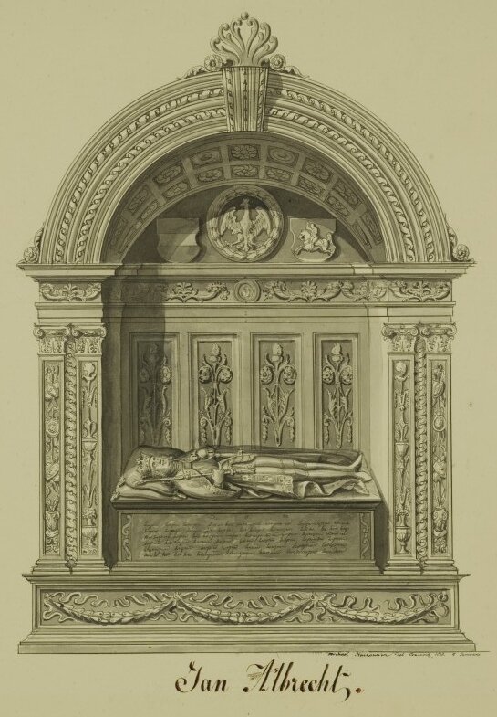 Ilustracja przedstawia bogato rzeźbiony nagrobek. W ozdobnej, zwieńczonej półkoliście wnęce umieszczony jest sarkofag. Na jego froncie znajduje się nieczytelna inskrypcja. Leży na nim szczupły mężczyzna. Na głowie ma koronę. W dłoniach trzyma berło i jabłko. Ubrany jest w kaftan płaszcz i wąskie spodnie. W tle sarkofagu znajdują się płaskorzeźby z motywem roślinnym. U góry umieszczony jest orzeł w okrągłej ramie, herb z jeźdźcem oraz trójbarwna tarcza.