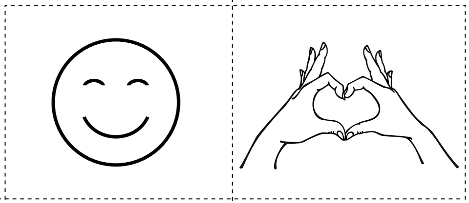 Obraz jest podzielony na dwie części linią przerywaną. Po lewej stronie znajduje się prosty, czarno‑biały rysunek uśmiechniętej buźki. Twarz jest okrągła, ma zamknięte, lekko zakrzywione oczy i szeroki uśmiech. Po prawej stronie widoczne są dwie dłonie narysowane konturowo. Palce obu rąk są złączone w taki sposób, że tworzą kształt serca.