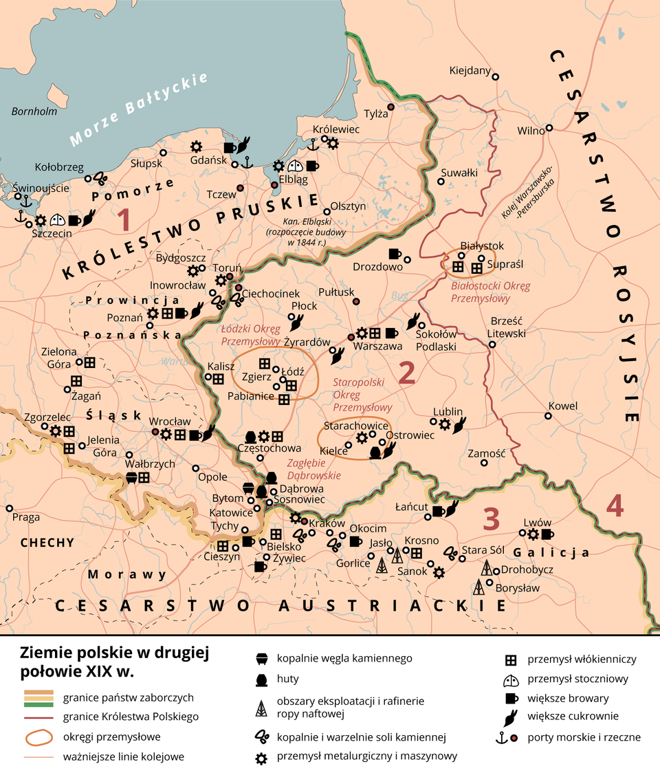 Na mapie Polski przedstawiono rozwój gospodarczy ziem polskich pod zaborami. Okręgi przemysłowe: Łódzki Okręg Przemysłowy z miastami Zgierz, Łódź, Pabianice; Białostocki Okręg Przemysłowy z miastami Białystok, Supraśl; Staropolski Okręg Przemysłowy z ośrodkami Starachowice, Ostrowiec, Kielce; Zagłębie Dąbrowskie.  Kopalnie węgla kamiennego: Wałbrzych, Bytom. Huty zaznaczono w Częstochowie, w Dąbrowie, w Sosnowcu. Obszary eksploatacji i rafinerie ropy naftowej zaznaczono w Jaśle, w Gorlicach, w rejonie Drohobycza, Borysława. Kopalnie i warzelnie soli kamiennej zaznaczono w rejonie Ciechocinka, Krakowa, w mieście Stara Sól, w Kołobrzegu. Przemysł metalurgiczny i maszynowy: rejon Bydgoszczy, Poznania, Wrocławia, Zgorzelca, Sanoka, Krakowa, Lublina, Starachowic, Królewca, Bydgoszczy, Torunia, Lwowa. Przemysł włókienniczy: rejon Zgorzelca, Jeleniej Góry, Żagania, Zielonej Góry, Poznania, Kalisza, Cieszyna, Bielska‑Białej, Krosna, Częstochowy, Pabianic, Zgierza, Łodzi, Warszawy, Białegostoku, Supraśla.  Przemysł stoczniowy: rejon Elbląga i Szczecina. Większe browary: Poznań, Wrocław, Tychy, Żywiec, Okocim, Lwów, Warszawa, Drozdowo, Szczecin, Elbląg, Gdańsk, Łańcut. Większe cukrownie: Łańcut, Ostrowiec, Lublin, Wrocław, Żyrardów, Sokołów Podlaski, Poznań, Gdańsk, Szczecin. Porty morskie i rzeczne: Królewiec, Gdańsk, Świnoujście, Szczecin. Na mapie zaznaczono także ważniejsze koleje: Kolej Warszawsko‑Petersburska. 