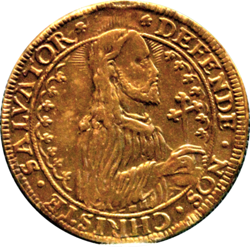 Ilustracja przedstawia talar. Na środku jest wybita podobizna mężczyzny o długim włosach sięgających ramion. Ma fałdowaną szatę. W ręce trzyma krzyż. Naokoło na obramowaniu znajdują się napisy defende nos christe salvator. Talar jest złoty.