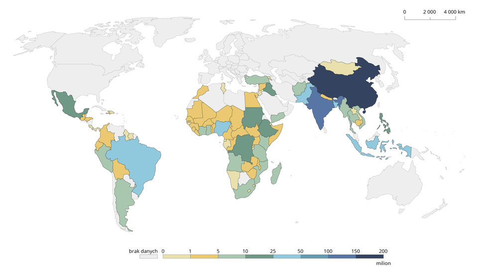 Mapa świata przedstawia liczbę ludności miejskiej żyjącej w slumsach. Wartości od 0 do 1 występują w Mongolii. Wartości od 1 do 5 występują w Boliwii, Kolumbii, Ekwadorze, Egipcie, Maroku, Mauretanii, Mali, Nigrze, Czadzie, Somalii, Kamerunie, Republice Środkowoafrykańskiej, Zambii, Zimbabwe. Wartości od 5 do 10 milionów występują w Argentynie, Peru, Turcji, Jemenie, Kenii, Tanzanii, Mozambiku, Republice Południowej Afryki, Angoli, na Madagaskarze, w Afganistanie, Birmie, Tajlandii, Wietnamie. Wartości od 10 do 25 milionów występują w Meksyku, Azerbejdżanie, Sudanie, Etiopii, Demokratycznej Republice Konga. Wartości od 25 do 50 milionów występują w Brazylii, Nigerii, Pakistanie, Bangladeszu, Indonezji. Wartości od 100 do 150 milionów występują w Indiach. Wartości od 150 do 200 milionów występują w Chinach.