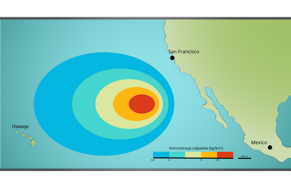Schemat przedstawia zagęszczenie odpadów. Odpady znajdują się pomiędzy Ameryką Północną z San Francisco oraz Meksykiem a Hawajami. Zagęszczenie powyżej 100 jest niewielkie o okrągłym kształcie. Znajduje się bliżej San Francisco. Zagęszczenie od 10 do 100 ma większy zasięg i również okrągły kształt. Zagęszczenie od 1 do 10 ma  jeszcze większy zasięg i również okrągły kształt. Zagęszczenie od 0,1 do 1 ma jeszcze większy zasięg i również okrągły kształt. Zagęszczenie od 0,01 do 0,1 ma największy zasięg, zbliża się do Hawajów.