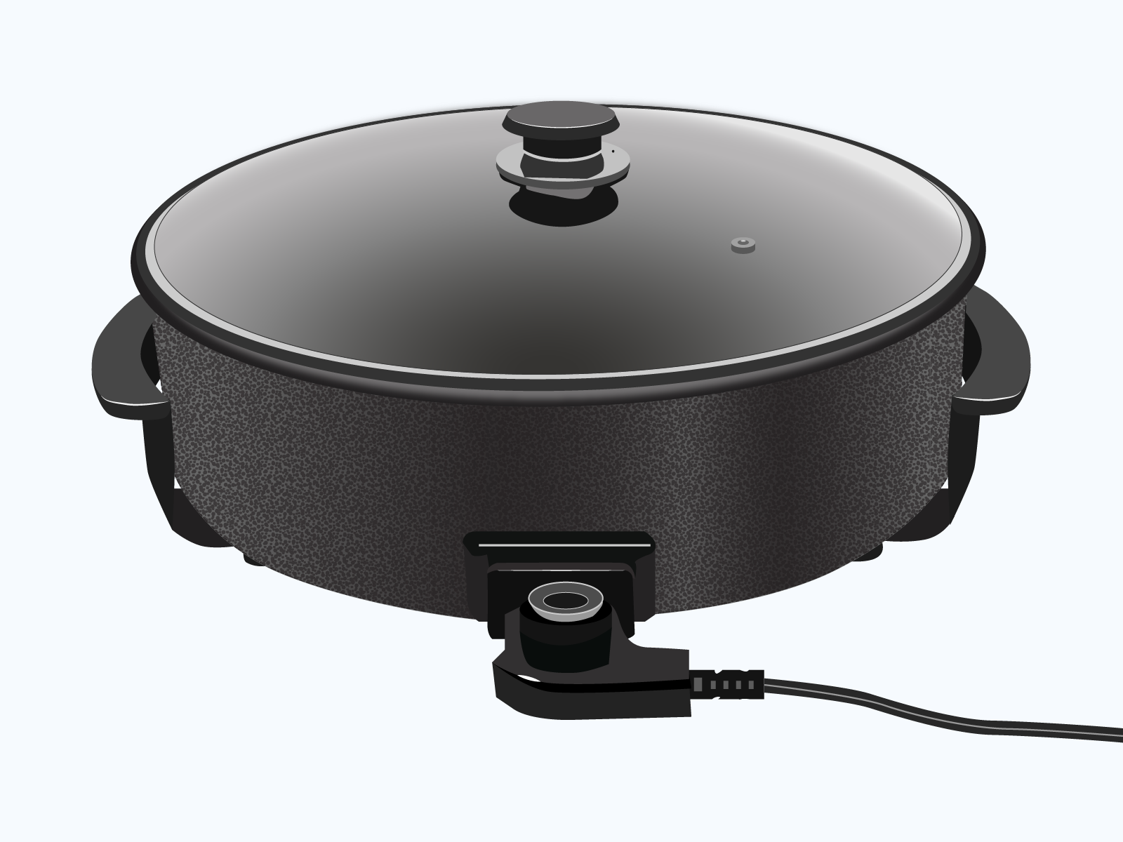  Ilustracja przedstawia urządzenia przypominające niski, szeroki garnek. Obudowa patelni jest czarna. Po jej bokach dwa ciemne uchwyty. Na górze pokrywka. Od frontu zamontowano przewód elektryczny. 