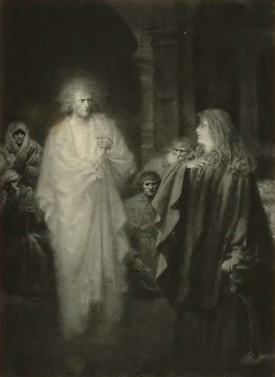 Obraz przedstawia grupę ludzi. Na pierwszym planie jest młoda kobieta w sięgającej do ziemi pelerynie. Tuż obok niej stoi mężczyzna w długiej szacie. Jego postać cała jaśnieje, zdaje się być duchem. Na drugim planie widać chłopów i chłopkę, którzy przyglądają się kobiecie i mężczyźnie.