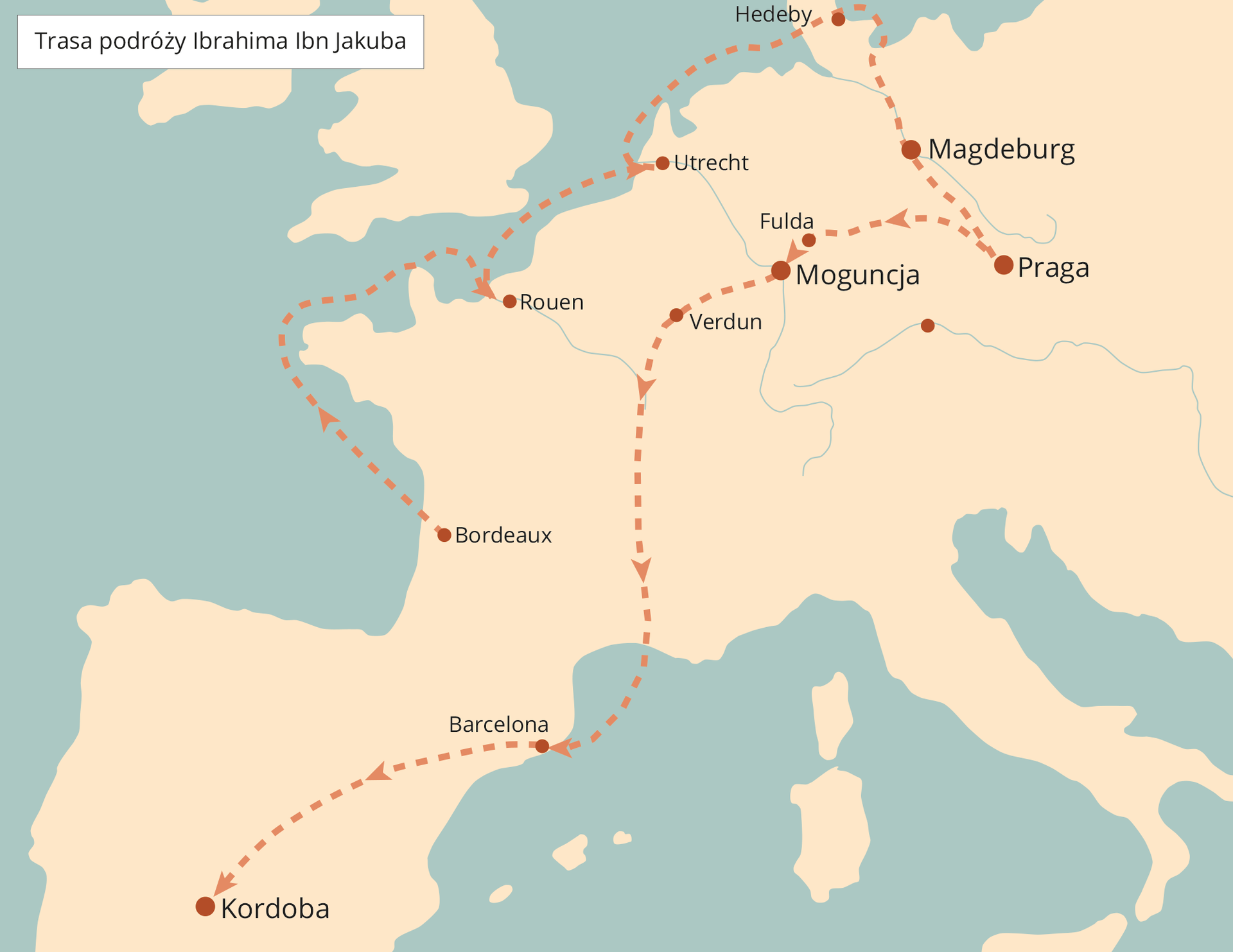 Mapa przedstawia trasę podróży Ibrahima Ibn Jakuba po zachodniej Europie. Wyruszył on z Bordeaux drogą morską do Rouen, Utrecht i Hedeby w Danii. Następnie już droga lądową do Magdenburga i Pragi, Fuldy, Moguncji i Verdun. Następnie udał się na południe do Barcelony, a jego wyprawa zakończyła się po dotarciu do miasta Kordoba w centralnej Hiszpanii. 