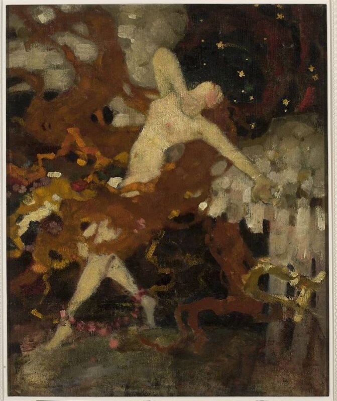 Ilustracja przedstawia tańczącą nagą kobietę. Odchyla do tyłu głowę i tułów. Ma zamknięte oczy i zarumienione policzki. Postać ma rozwiane, bardzo długie włosy. Lewą rękę prostuje i odchyla do tyłu, a prawą ugina w łokciu i przysuwa w kierunku brody. Nogi wokół kostek połączone są girlandą z kwiatów. W tle rozgwieżdżone niebo.