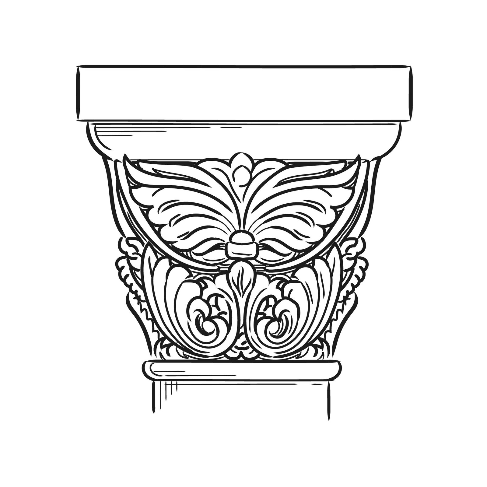 Czarno‑biała ilustracja przedstawia głowicę blokowo‑kielichową o kształcie ściętego ostrosłupa, którego ściany zostały bogato przyozdobione ornamentami oraz wymodelowanymi elementami o kształcie liści. 