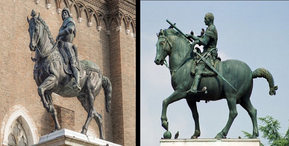 Ilustracja przedstawia dwie fotografie w jednej linii: z lewej: pomnik „Kondotiera Bartolomea Colleoniego” Andrei del Verrocchia. Pomnik ukazuje mężczyznę o poważnym i groźnym wyrazie twarzy, ubranego w rzymską zbroję, siedzącego na koniu. Lewą ręką trzyma lejce, jego ciało ukazane jest w półobrocie. Koń ma założoną dekoracyjną uprząż, lewą nogę unosi. Z prawej strony fotografia przedstawia rzeźbę Donatella „Gattamelata”. Pomnik ukazuje mężczyznę siedzącego na koniu, ubranego w rzymską zbroję, z mieczem u boku. Ustawiony jest na Piazza del Santo przed bazyliką św. Antoniego w Padwie. Jest to pomnik realistyczny i zarazem jedno z najcenniejszych dzieł rzeźby monumentalnej.