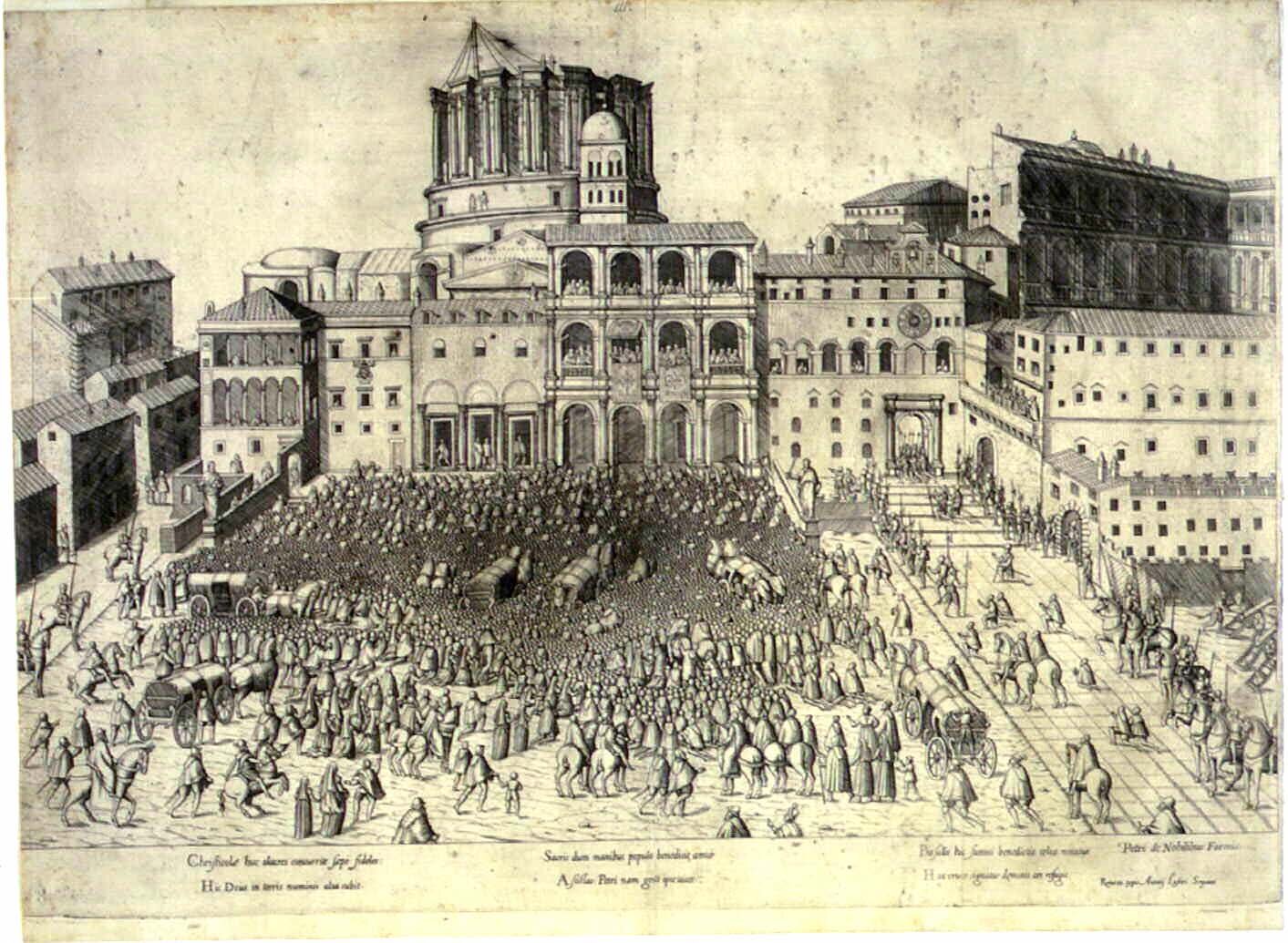 Na ilustracji przedstawiono początki budowy nowej bazyliki św. Piotra w Rzymie. Na obrazie widać bardzo dużą ilość ludzi pracujących nad budową. Na placu są także konie i wozy. W tle widać pierzeję miejską złożoną z kilkupiętrowych budynków. Niektóre z nich mają łuki oraz kolumny. 