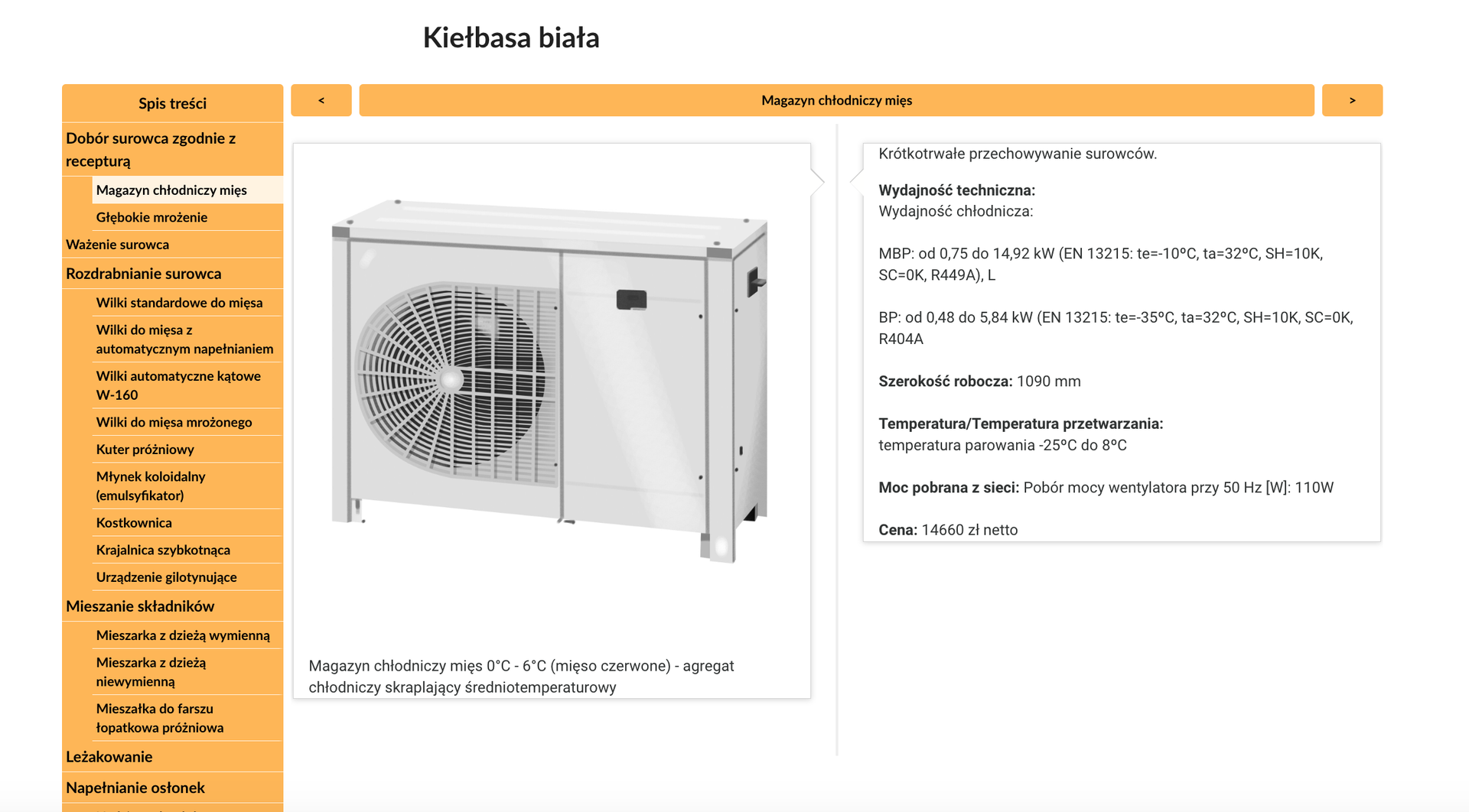 Przykładowy widok fragmentu infografiki. W lewej kolumnie koloru żółtego znajdują się zakładki prowadzące do poszczególnych opisów. W kolumnie po prawej widoczny jest wyświetlany element. Na środku znajduje się grafika agregatu chłodniczego. Ma on kształt metalowej szafy z wentylatorem z przodu. Po prawej stronie w białej ramce znajduje się tekst opisujący właściwości techniczne tego sprzętu.