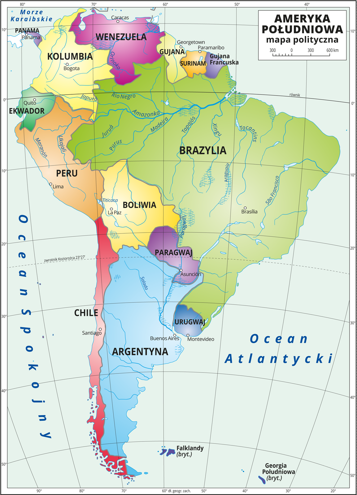 Ilustracja przedstawia mapę polityczną Ameryki Południowej. Państwa wyróżnione kolorami i opisane. Oznaczono i opisano stolice. Morza zaznaczono kolorem niebieskim i opisano. Mapa pokryta jest równoleżnikami i południkami. Dookoła mapy w białej ramce opisano współrzędne geograficzne co dziesięć stopni.