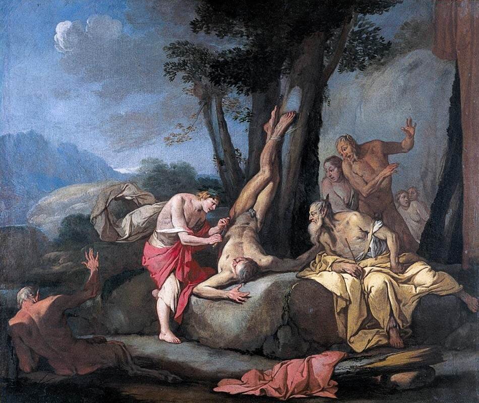 Apollo i Marsjasz Włoski malarz z pierwszej połowy XVII wieku Giulio Carpioni w ten sposób wyobrażał sobie scenę, w której Apollo zaczynał zadawanie mąk Marsjaszowi. Przyjrzyj się twarzom wszystkich postaci na obrazie i spróbuj odczytać ich uczucia Źródło: Giulio Carpioni, Apollo i Marsjasz, olej na płótnie, domena publiczna.