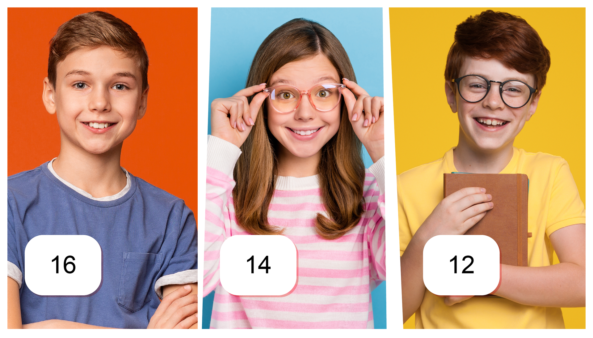 Ilustracja oddzielona jest na trzy części. Pierwsza przedstawia niebieskookiego chłopca o krótkich włosach. Chłopiec ma na sobie koszulkę z krótkim rękawkiem. Ręce ma założone przed sobą. Na zdjęciu znajduje się ramka z liczbą 16. Druga grafika przedstawia uśmiechniętą dziewczynkę w okularach. Dziewczynka ma proste, brązowe włosy. Ubrana jest w pasiasty sweterek. Na zdjęciu znajduje się ramka z liczbą 14. Ostatnia grafika przedstawia roześmianego chłopca w okularach i żółtej koszulce. Chłopiec przyciska do piersi notes. Na zdjęciu znajduje się ramka z liczbą 12.