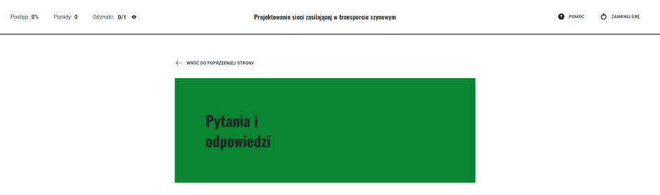 Ekran z pytaniami i odpowiedziami