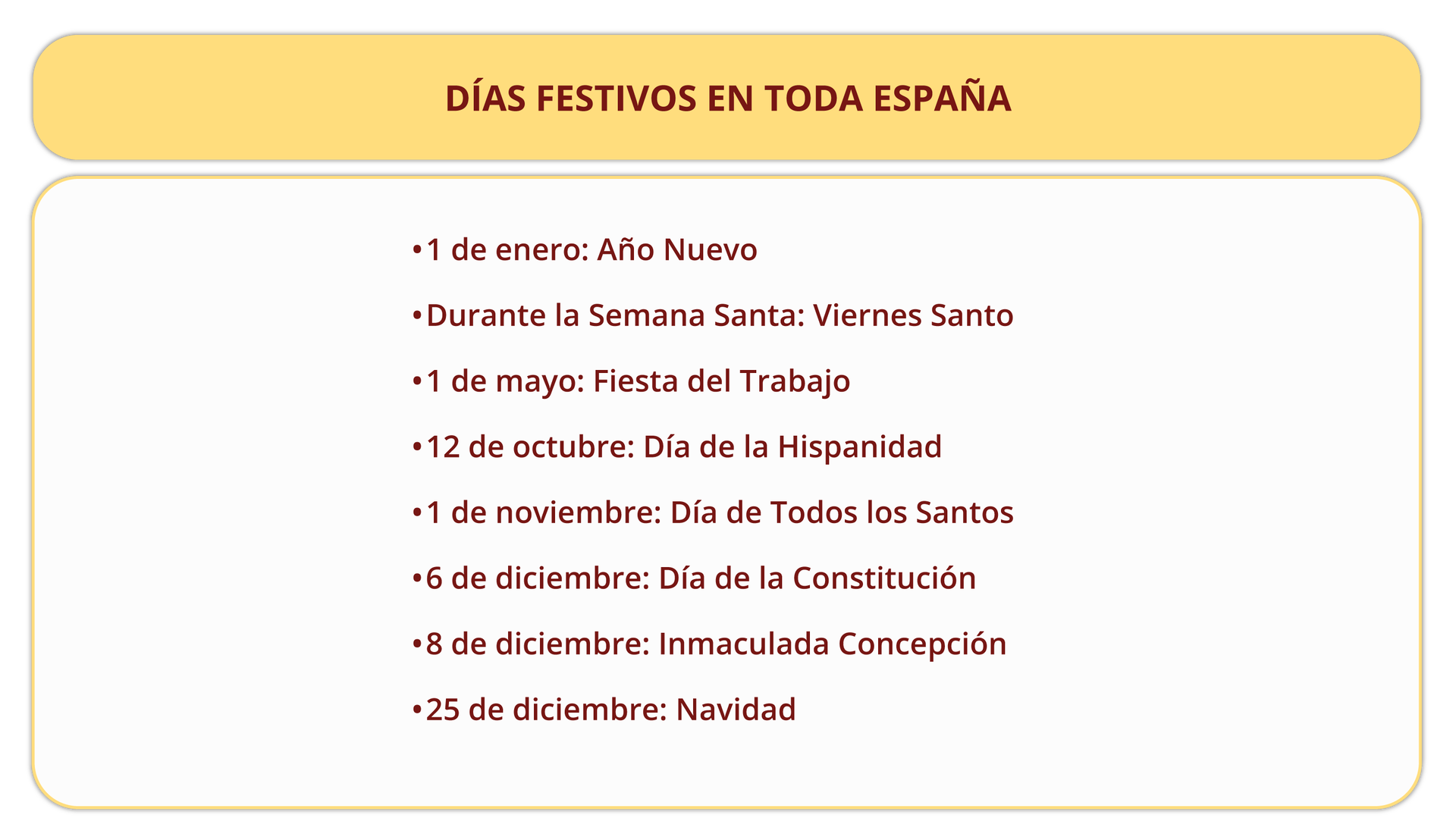 Grafika posiada nagłówek: DÍAS FESTIVOS EN TODA ESPAÑA. Poniżej: el uno de enero: Año Nuevo; Durante la Semana Santa: Viernes Santo;  el uno de mayo: Fiesta del Trabajo;  el doce de octubre: Día de la Hispanidad;  el uno de noviembre: Día de Todos los Santos;  el seis de diciembre: Día de la Constitución;  el ocho de diciembre: Inmaculada Concepción;  el veinticinco de diciembre: Navidad.