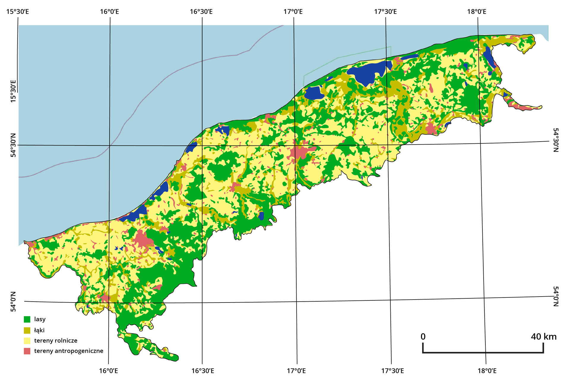 Grafika przedstawia mapę Pobrzeża Słowińskiego z zamieszczoną siatką kartograficzną. Kolory, którymi pokryta jest mapa dotyczą form użytkowania - lasów (kolor zielony), łąk (kolor ciemno żółty), terenów rolniczych (kolor żółty) i terenów antropogenicznych (kolor czerwony). Wartości współrzędnych geograficznych są opisane co trzydzieści minut. W prawym dolnym rogu zamieszczona jest skala liniowa, natomiast w lewym dolnym rogu ukazana jest legenda, która dzieli się na lasy, łąki, tereny rolnicze oraz tereny antropogeniczne. Każde z tych form użytkowania ma zamieszczone po lewej stronie w małym kwadracie kolory. 