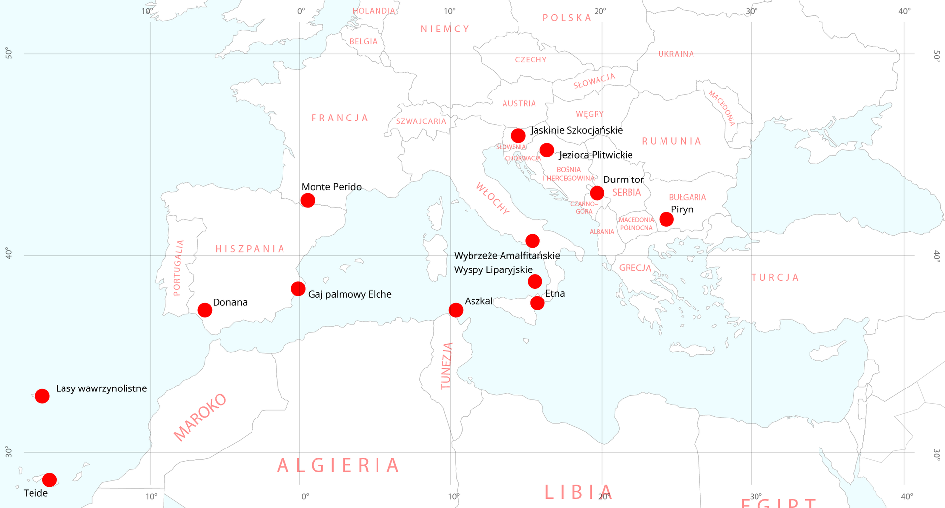 Mapa basenu Morza Śródziemnego wraz z oznaczonymi krajami. Granice państw szare, nazwy państw naniesiono czerwoną czcionką, morze jasnobłękitne. Czerwonymi punktami oznaczono obiekty przyrodnicze z Listy światowego dziedzictwa UNESCO. Są to: wulkan Teide na Teneryfie, lasy wawrzynolistne na Maderze, Park Narodowy Donana w południowej Hiszpanii, gaj palmowy Elche w południowo wschodniej Hiszpanii, Monte Perido na granicy Hiszpanii i Francji, jezioro Aszkal w Tunezji, wulkan Etna na Sycylii, Wyspy Lipardyjskie na północ od Sycylii, Wybrzeże amalfiańskie w okolicach Neapolu, Jaskinie Szkocjańskie w Słowenii, Jeziora Plitwickie w Chorwacji, pasmo górskie Durmitor w Czarnogórze, pasmo górskie Piryn w południowo‑zachodniej Bułgarii.