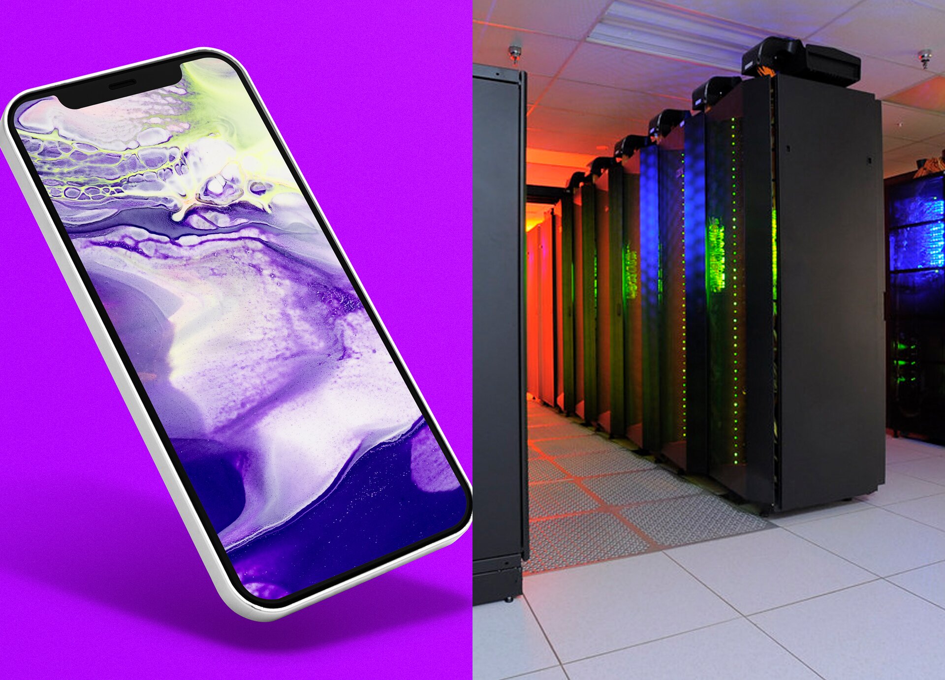 <span lang='pl> Ilustracja składa się z dwóch zdjęć. Na zdjęciu po lewej stronie widoczny jest telefon typu smartfon, na ekranie którego wyświetlone są rozmyte i mieszające się plamy w kolorze białym, fioletowym i żółtym. Na zdjęciu po prawej stronie widoczne są ustawione w rzędach czarne szafy dystrybucyjne do obsługi sieci internetowej.