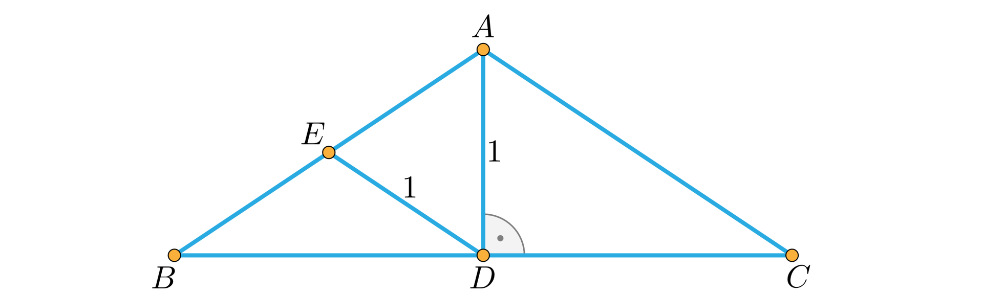 Ilustracja przedstawia trójkąt równoramienny A, B, C. W środkach odcinków BC i AB zaznaczono punkty D i E. Odcinek DA, który jest wysokością trójkąta A, B, C jest równy 1 i równy odcinkowi ED.