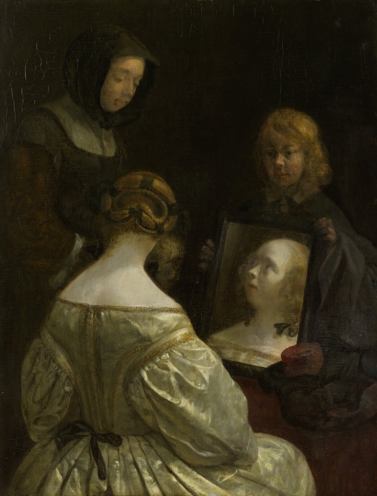 Ilustracja o kształcie pionowego prostokąta  przedstawia obraz Gerarda ter Borcha „Kobieta przed lustrem”. Ukazuje  trzy  kobiety. Jedna kobieta na kolanach trzyma lustro, w którym odbija się twarz siedzącej tyłem damy. Po lewej stronie stoi kobieta z nakrytą głową. Tło jest bardzo ciemne, pozbawione dekoracji. 