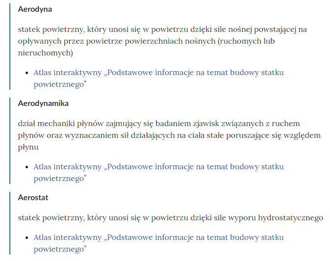 Zrzut ekranu przedstawia kilka pojęć ze Słownika. Konstrukcja jest następująca: pojęcie, poniżej jego wyjaśnienie, a pod nim znajduje się link, po którego kliknięciu użytkownik przenosi się do rozdziału w tym materiale, w którym dane pojęcie jest wykorzystywane. Linków może być jeden lub kilka, w zależności od tego, w ilu rozdziałach użyto pojęcia.
