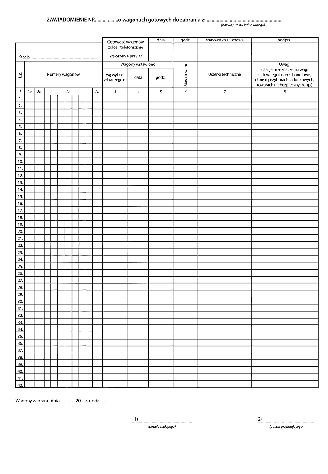 Ilustracja przedstawia zawiadomienia o wagonach gotowych do zabrania er dwadzieścia siedem. Dokument ten ma formę tabelaryczną, należy w nim uzupełnić stację, datę i godzinę zgłoszenia telefonicznego gotowości wagonów oraz stanowisko służbowe osoby zgłaszającej i jej podpis. Należy również wypisać te dane dla osoby przyjmującej zgłoszenie. Kolejno należy uzupełnić numery wagonów. Wstawienie wagonów według wykazu zdawczego, którego numer należy podać. Należy również uzupełnić datę oraz godzinę wystawienia. Dalej uzupełnia się masę towaru, usterki techniczne oraz uwagi.  Na dole dokumenty znajduje się miejsce na umieszczenie daty i godziny zabrania wagonów. Podpis zdającego oraz podpis przyjmującego.