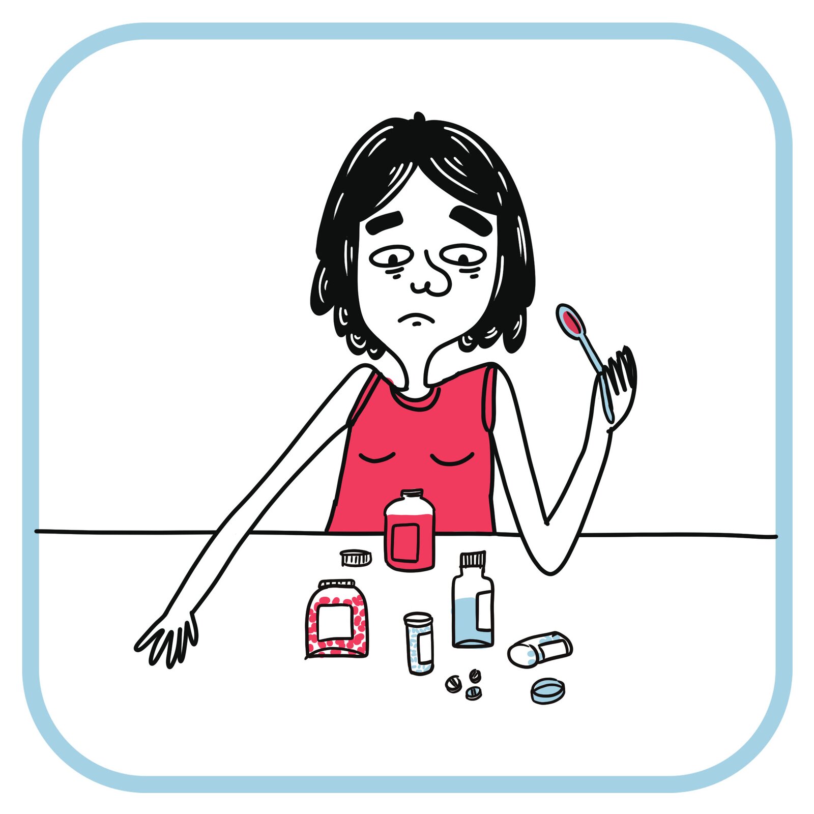 Chuda smutna dziewczyna, z podkrążonymi oczami siedzi przy stole. W ręce trzyma łyżeczkę. Na stole są buteleczki ze środkami przeczyszczającymi.