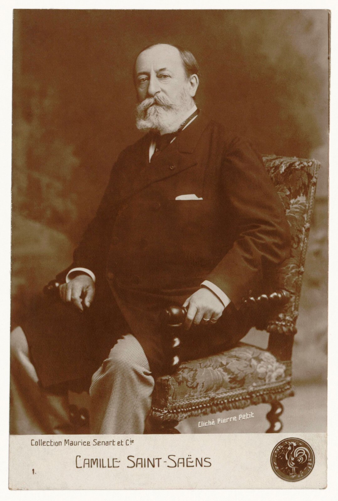 Ilustracja przedstawia fotografię z portretem Camille Saint-Saëns. Starszy mężczyzna siedzi na zdobionym fotelu. Patrzy na wprost obiektywu, ma długie, siwe wąsy i brodę. Ubrany jest w czarny, długi płaszcz i jasne spodnie.