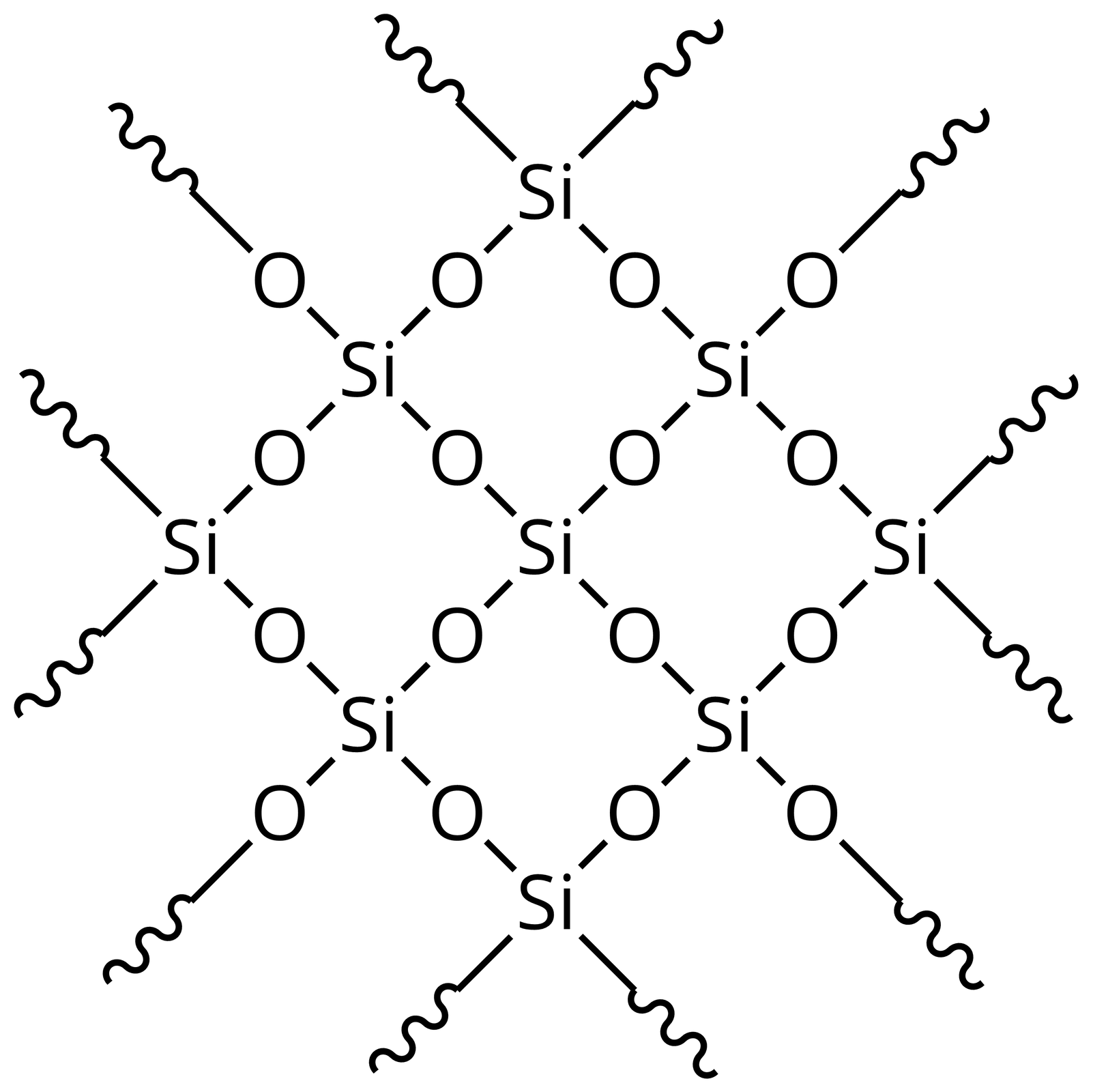 Ilustracja przedstawia strukturę tlenku krzemu(<math aria‑label="cztery">IV), każdy atom krzemu wiąże się z czterema atomami tlenu, a jeden atom tlenu z dwoma atomami krzemu. Struktura stanowi siatkę, zakończoną pofalowanymi liniami świadczącymi o dalszym fragmencie struktury.