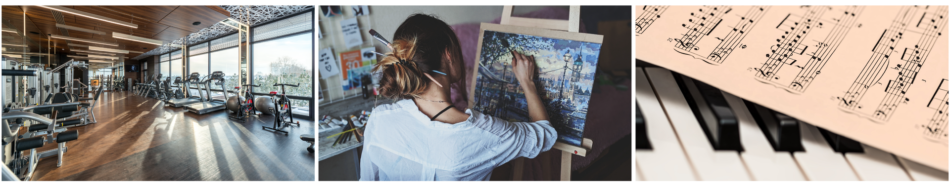 Ilustracja składa się z trzech zdjęć. Na zdjęciu po lewej znajduje się siłownia. Na środkowym zdjęciu znajduje się dziewczyna, która maluje obraz. Siedzi tyłem do kadru, widać obraz. Zdjęcie po prawej przedstawia zbliżenie na kartkę z nutami, która leży na klawiaturze pianina.