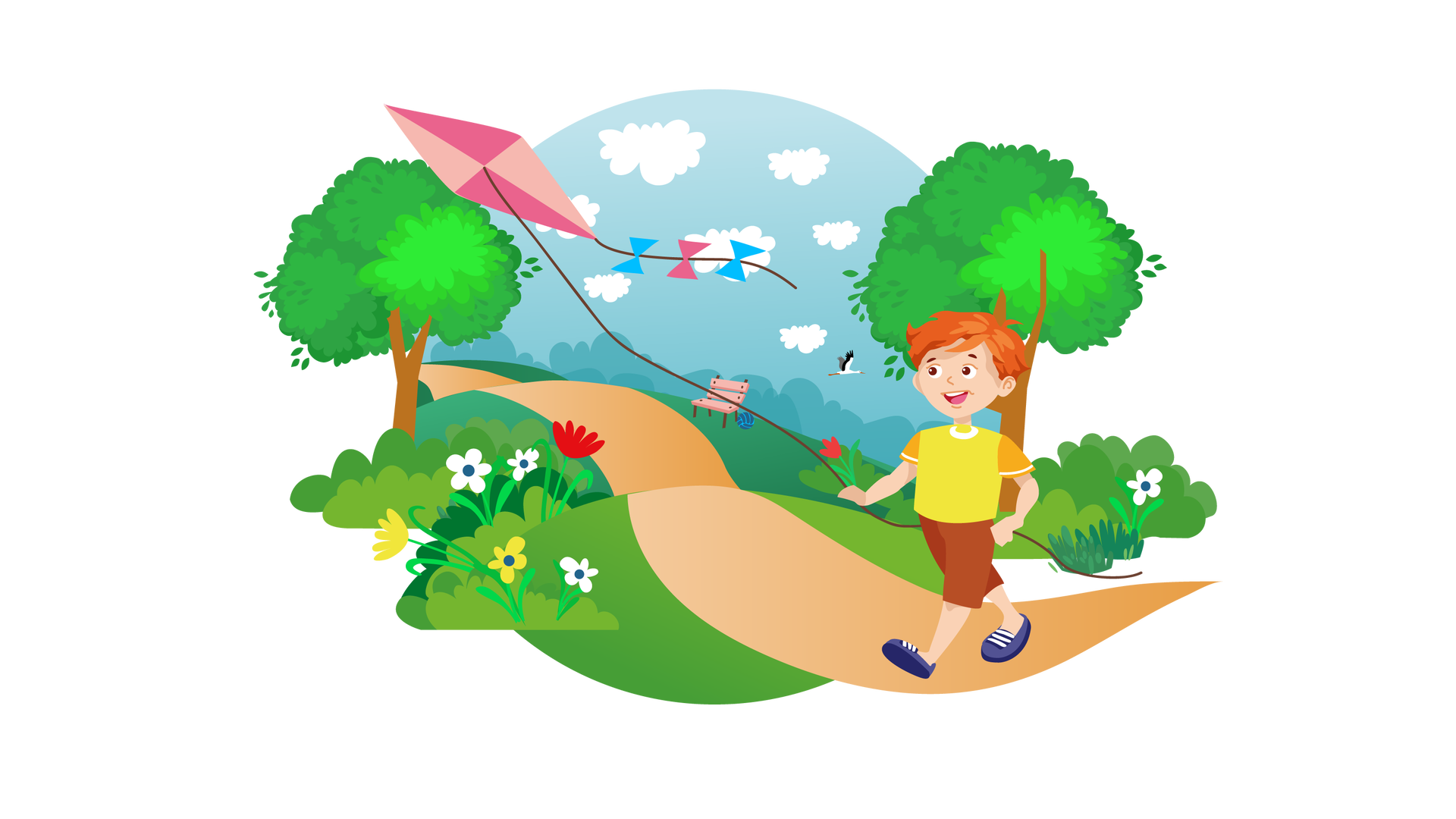 Ilustracja przedstawia pagórkowaty teren porośnięty zielenią. W tle jest błękitne niebo z białymi chmurami. Wzdłuż ilustracji biegnie ścieżka. Po jej obu stronach widać pojedyncze drzewa liściaste, krzewy oraz żółte, białe i czerwone kwiaty. W prawym dolnym rogu ilustracji idzie po ścieżce szeroko uśmiechnięty Franek. Jest ubrany w żółtą koszulkę z krótkimi pomarańczowymi rękawami, krótkie brązowe spodnie i granatowe buty z białymi sznurówkami. Chłopiec puszcza na wiatr różowy latawiec. W oddali stoi jasnoróżowa ławka, obok której leży ciemnoniebieska piłka.