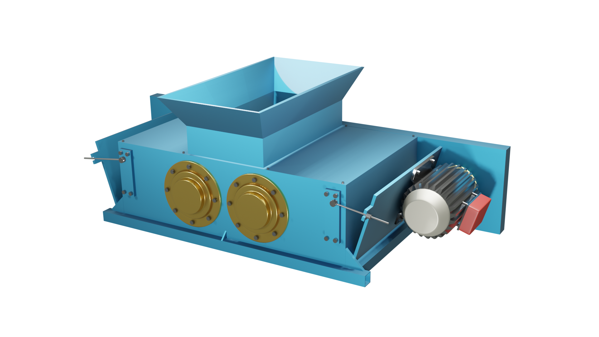 Ilustracja przedstawia model kruszarki walcowej. Urządzenie składa się z prostopadłościennej obudowy. Na prawym boku zamontowany jest silnik napędowy. U góry obudowy znajduje się rozszerzający się ku górze otwór wlotowy. We wnętrzu znajdują się dwa walce zorientowane poziomo. Ich boki są równoległe. Poniżej grafiki widoczny jest przycisk multimedialny z nagraniem audio. Treść nagrania jest zgodna z tytułem zdjęcia.