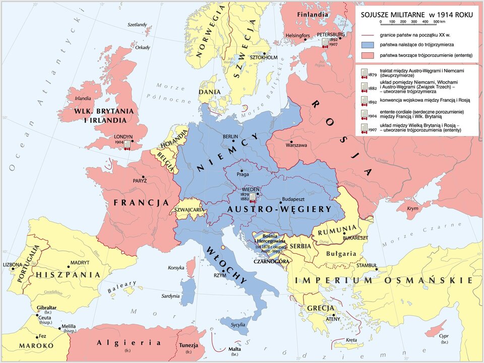 Mapa przedstawia sojusze militarne w 1814 roku. Państwa należące do trójprzymierza: Niemcy, Austro‑Węgry, Włochy, Sycylia czyli tereny obecnych Niemiec, Czech, Słowacji, Chorwacji, znacznej części Polski, Węgier,  Austrii. Włoch i Sycylii. Państwa tworzące trójporozumienie (ententę) : Rosja wraz z dzisiejszymi terenami Białorusi i, Litwy. Łotwy, Estonii oraz części Ukrainy; Francja, Wielka Brytania. We Wiedniu miał miało miejsce: Traktat między Austro- Węgrami i Niemcami (dwuprzymierze) 1879  roku układu pomiędzy Niemcami, Włochami i Austro- Węgrami (Związek Trzech)- utworzenie trójprzymierza. W Petersburgu miało miejsce: 1892 rok konwencja wojskowa między Francją i Rosją, 1904 rok ententę cordiale ( serdeczne porozumienie ) między Francją i Wielką Brytanią w Londynie, 1907 rok układ między Wielką Brytanią i Rosją – utworzenie trójporozumienia (ententy). 