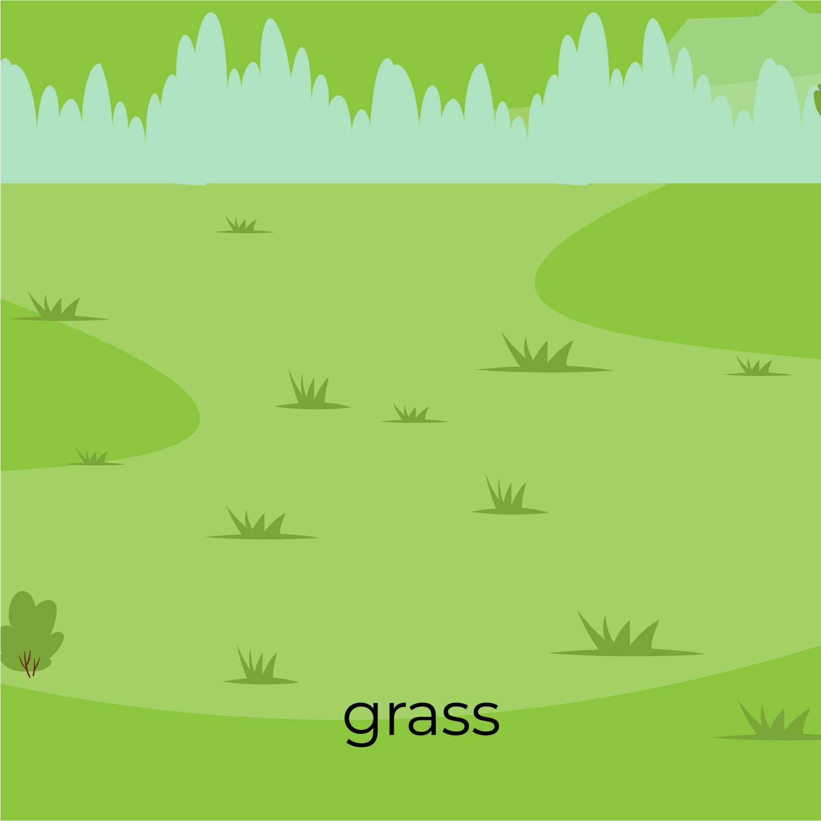 Ilustracja przedstawia łąkę. Widoczne są poszczególne gęstsze kłęby trawy. Na ilustracji widnieje podpis: grass.