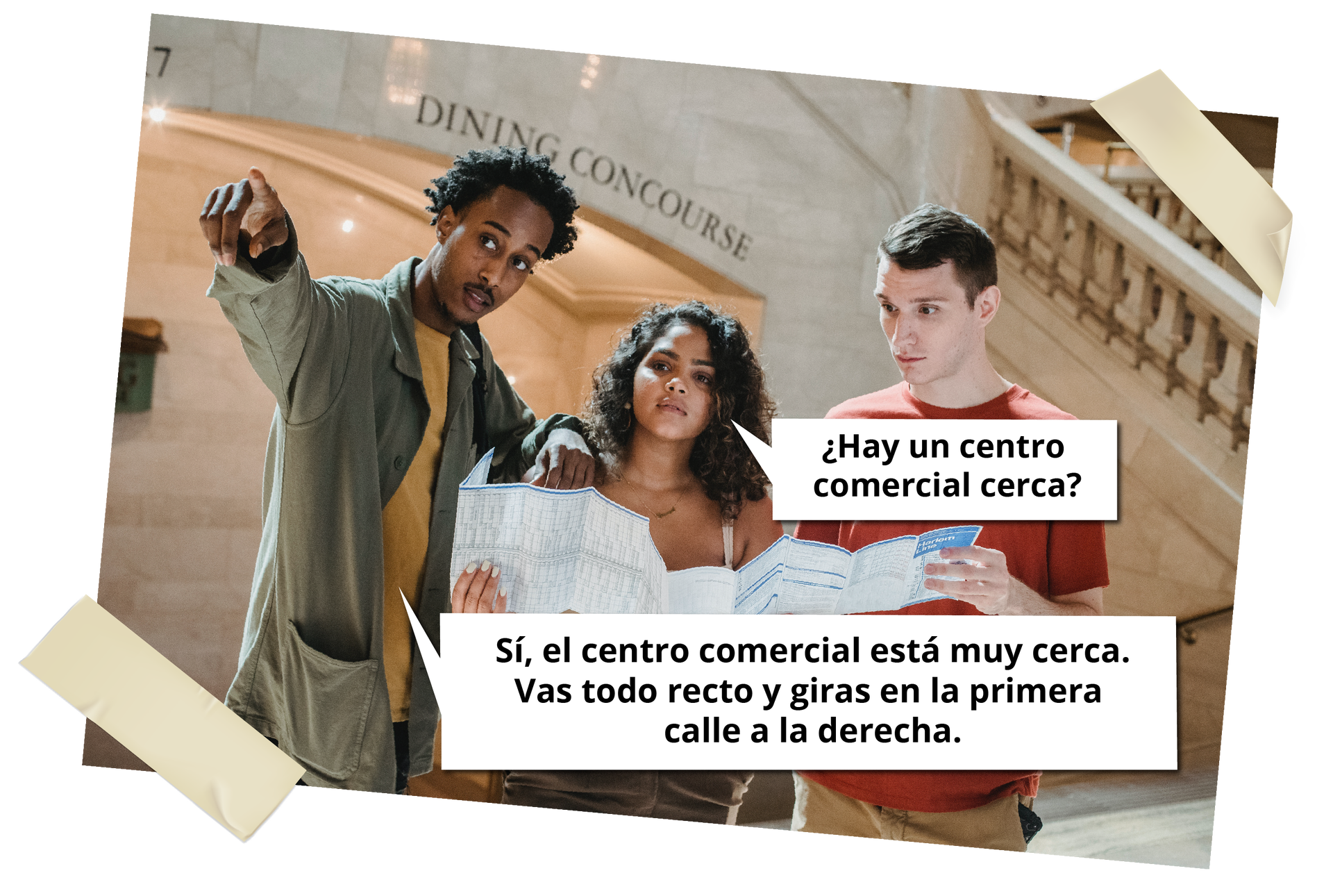 Na zdjęciu widoczna trójka osób stojących w holu jakiegoś budynku. Dziewczyna z chłopakiem trzymają mapę. Obok stoi chłopak, który pokazuje im palcem kierunek. Dymek od dziewczyny: ¿Hay un centro comercial cerca?. Dymek od chłopaka wskazującego drogę: Sí, el centro comercial está muy cerca. Vas todo reto y giras en la primera calle a la derecha.