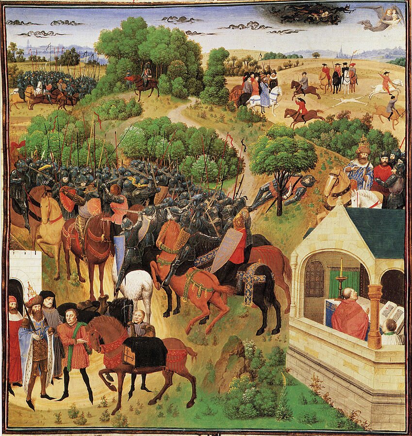 Ilustracja przedstawia żołnierzy na koniach. Najprawdopodobniej wyruszają na bitwę. Po prawej stronie zdjęcia, w dolnym rogu, jest kaplica z duchownym przy ołtarzu. Po lewej stronie na dole i po prawej stronie za kaplicą stoją wyżsi dostojnicy. Po prawej stronie u góry jest kilka osób na koniach - czterech jeźdźców rozjeżdża się na koniach w cztery strony. Teren, na którym znajduje się wojsko, jest pagórkowaty. Pagórki są gdzieniegdzie porośnięte drzewami. Na niebie w prawym górnym rogu są dwie postaci aniołów. Po ich lewej stronie duża, czarna chmura.      