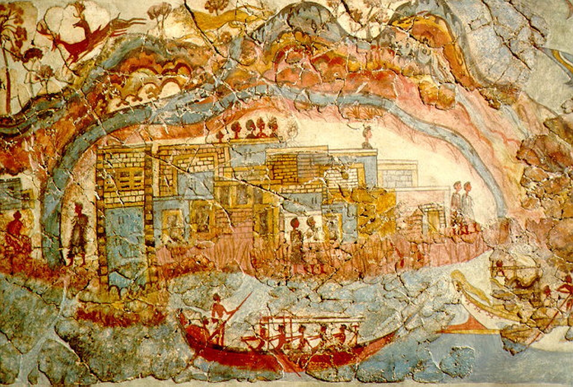 lustracja  przedstawia fresk znaleziony w Akrotiri. Pokazuje on miasto z ceglaną budowlą. Jest to minojskie miasto wraz z mieszkańcami. Na pierwszym planie znajduje się rzeka i łódź, którą płyną mężczyźni.