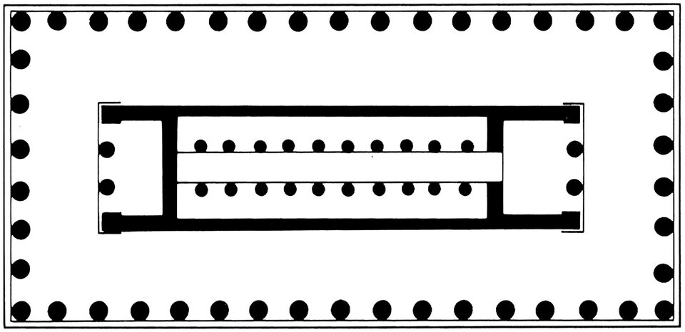 Plan Świątyni Artemidy na Korfu; schemat czarno‑biały, na którym oznaczono linie i kropki, na planie prostokąta.