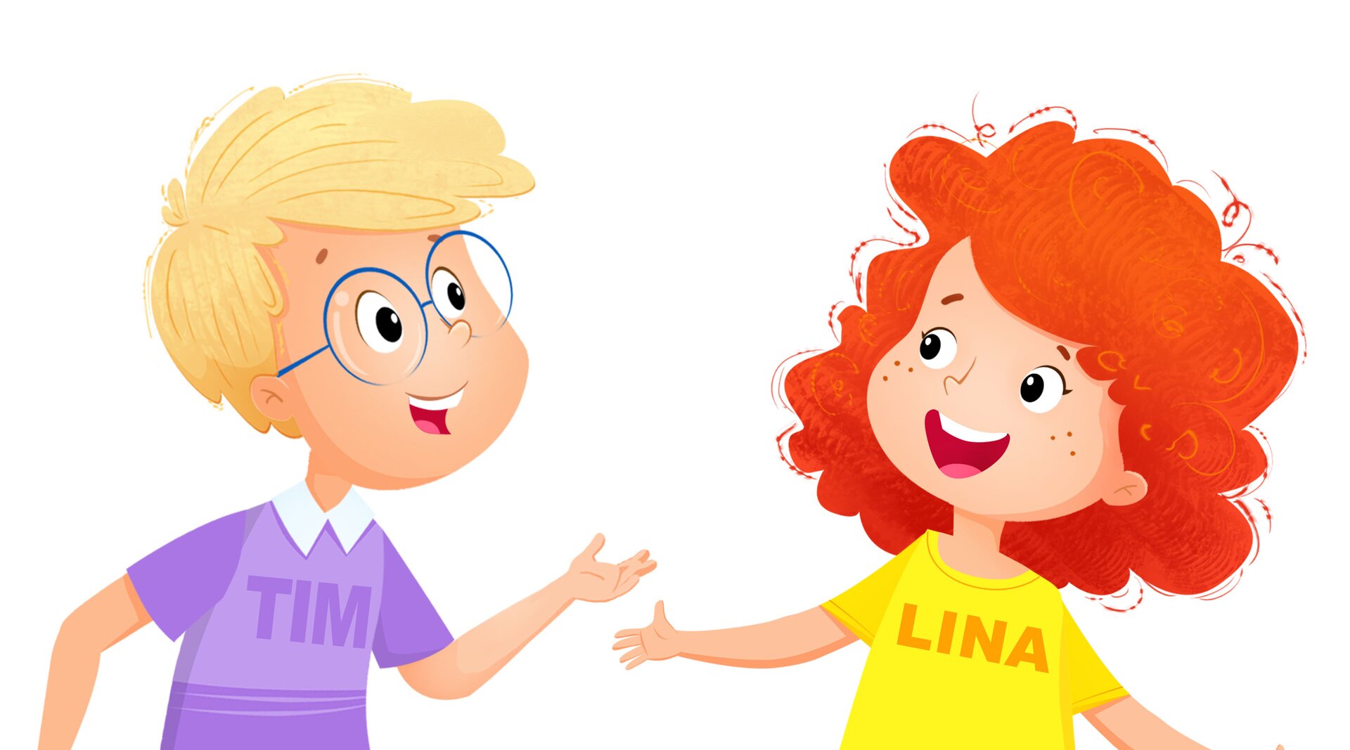 Ilustracja przedstawia jasnowłosego chłopca w okularach. Ma na imię Tim oraz rudowłosą dziewczynkę w żółtej koszulce. To Lina.