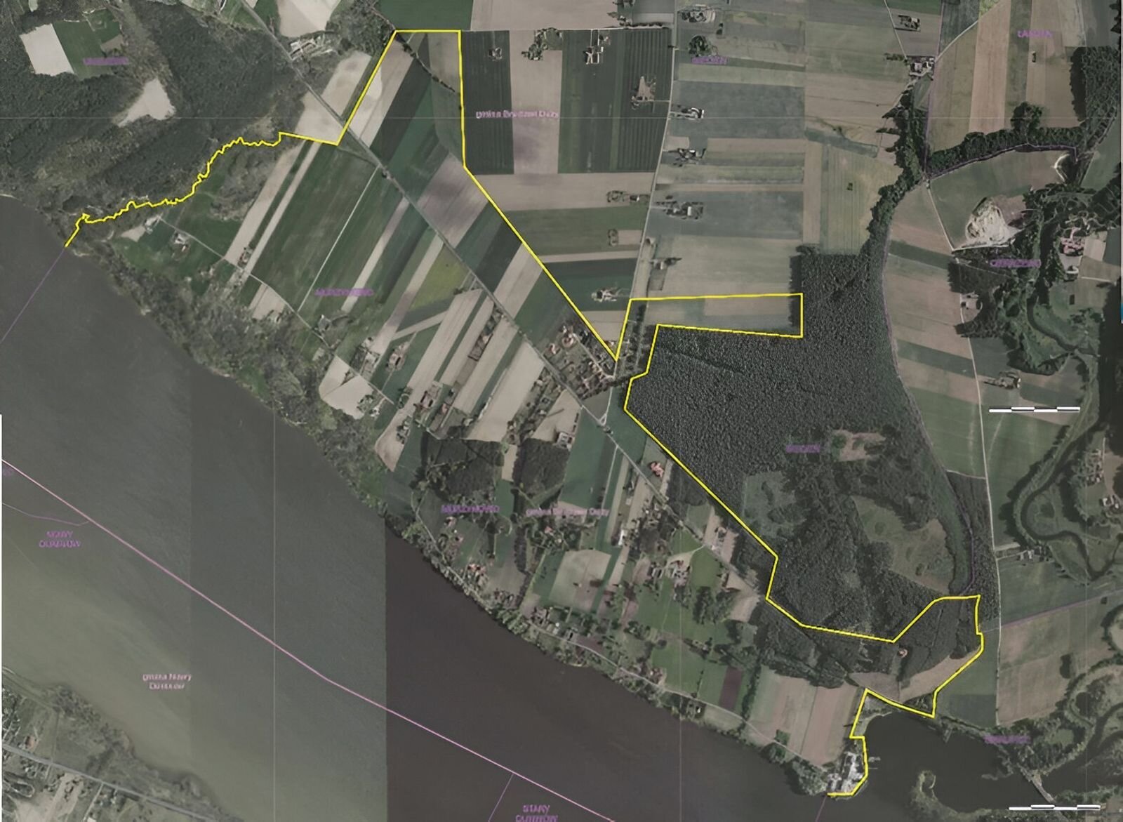 Zdjęcie satelitarne. Na nim w lewym dolnym rogu rzeka, na jej brzegach drzewa. W sąsiedztwie rzeki pola uprawne ułożone szachownicowo. 