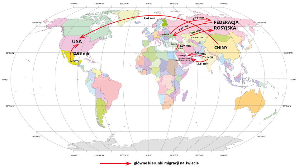 Mapa świata obrazuje głównie kierunki migracji przedstawione za pomocą czerwonych strzałek. Z mapy można odczytać, że z Chin do USA wyemigrowało 2,42 milionów ludzi, z kolei z Meksyku do USA – 12,68 milionów. Z Syrii do Turcji wyemigrowało 3,27 mln ludzi, z Indii do Bahrajnu – 3,14 mln, a z Indii do Zjednoczonych Emiratów Arabskich – 3,31 mln. Z Kazachstanu do Federacji Rosyjskiej wyemigrowało 2,56 mln ludzi, a z Ukrainy do Federacji Rosyjskiej 3,27 mln. Odwrotnie, czyli z Rosji na Ukrainę wyemigrowało 3,31 mln ludzi.
