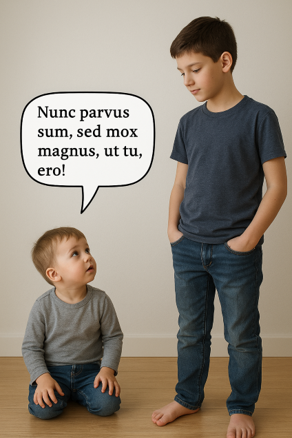 Ilustracja przedstawia dwóch chłopców. Jeden wyższy stoi. Ubrany jest w dżinsy i granatową koszulkę. Ręce ma włożone do kieszeni. Pochyla się nad małym chłopcem, który przykucnął na podłodze, Ma szara koszulkę z długim rękawem i dżinsy. Podnosi głowę w kierunku wyższego chłopca. Od jego ust odchodzi dymek z napisem:  Nunc parvus sum, sed mox magnus ut tu, ero. 