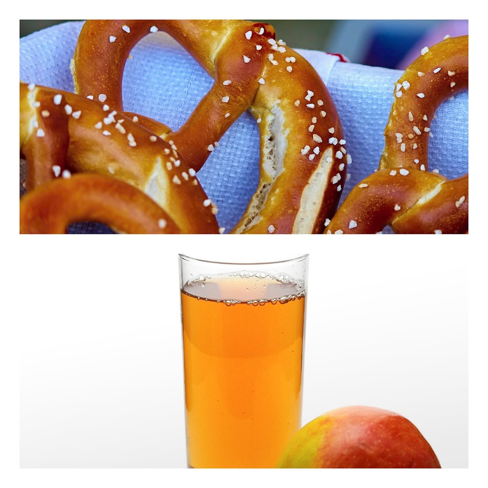 Ilustracja przedstawia precle, szklankę soku i jabłko.