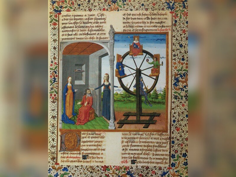 Obraz przedstawia stronę średniowiecznego manuskryptu. W dwóch kolumnach umieszczony jest tekst oraz dwa rysunki. Pierwszy ukazuje wchodzącą do komnaty kobietę w długiej sukni. W komnacie stoi kobieta w długiej sukni i pelerynie i siedzi mężczyzna w długiej szacie. Rysunek drugi przedstawia urządzenie podobne do karuzeli. Siedzą na nim cztery postacie.