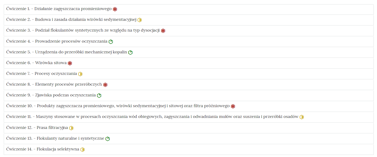 Zdjęcie przedstawia przykładowy wygląd zakładek zawierających interaktywne materiały sprawdzające. Składają się one z prostokątnych paneli umieszczonych jeden pod drugim. Każdy panel posiada numer oraz tytuł, który nawiązuje do zawartego w nim zadania.