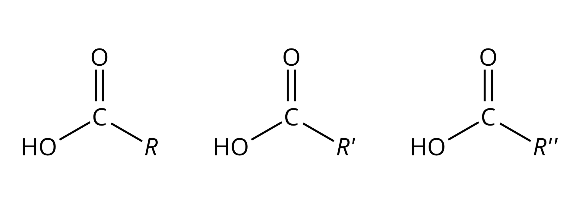 Na ilustracji znajdują się trzy wzory ogólne kwasów tłuszczowych. Każdy z nich składa się z atomu węgla C połączonego za pomocą wiązania podwójnego z atomem tlenu, za pomocą wiązań pojedynczych z grupą hydroksylową <math aria‑label="O H">OH oraz z podstawnikiem R. W pierwszym wzorze jest to podstawnik R, w drugim R prim, a w trzecim R dwa prim. 
