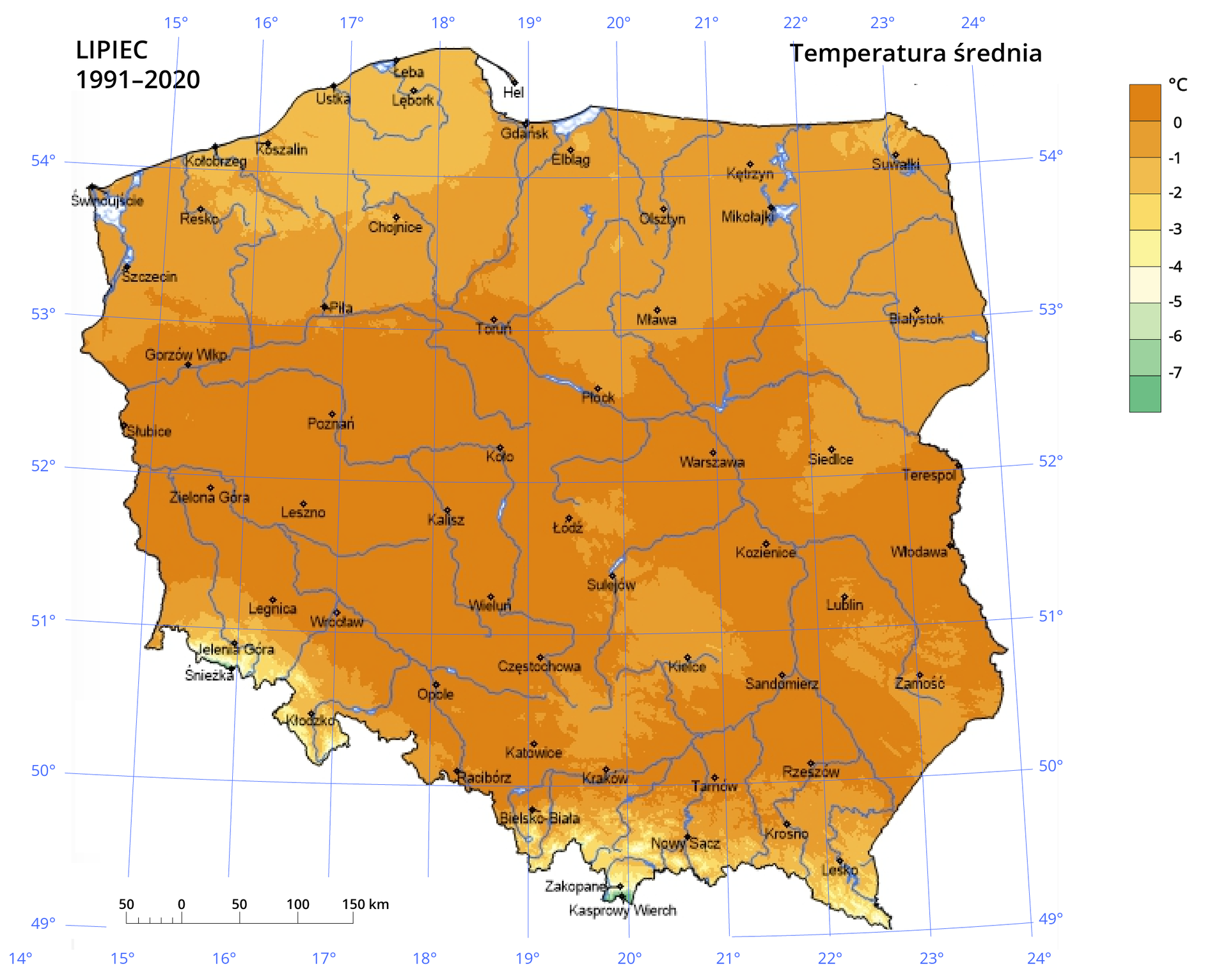 Mapa Polski przedstawiająca średnią roczną temperaturę powietrza w stopniach Celsjusza w latach 1991‑2020. Temperatury oznaczono kolorami, od zielonego (4 stopnie) dla najniższych do pomarańczowego (9 stopni) w przypadku najwyższych. Najcieplejsze obszary na terenie Polski występują na zachodzie kraju, izoterma 9 stopni Celsjusza przebiega mniej więcej od wybrzeża Bałtyku do Szczecina następnie kieruje się na południowy wschód w kierunku Piły, Koła, gdzie kieruje się następnie na południe do okolic Katowic, obejmuje obszar Krakowa i doliny WIsły a następnie powraca i w okolicy Bielsko Białej zamyka ten obszar. Cieplejsze obszary występują również w Dolinie Wisły od okolic Warszawy idąc korytem rzeki aż do wysokości Chojnic. Zimniejsze obszary występują na wschód od obszaru sięgającego ponad 9 stopni Celsjusza.Obszary których średnia temperatura od 1991 do 2020 roku wynosi poniżej 8 stopni celsjusza występują Na północnym wschodzie kraju obejmując Kętrzyn Suwałki, Mikołajki oraz Białystok. Jaśniejsza plama występuje również na południe od wybrzeża na wysokości Łeby do Koszalina. Obszary zimniejsze występują również na obszarach Sudetów i Karpat. Mapa pokryta jest siatką kartograficzną na której oznaczono wartości południków i równoleżników co jeden stopień. Z lewym dolnym rogu znajduje się podziałka liniowa, w prawym górnym napis temperatura średnia a w lewym górnym rogu napis rok 1991‑2020. Obok mapy znajduje się legenda objaśniająca znaczenie barw użytych na mapie.
