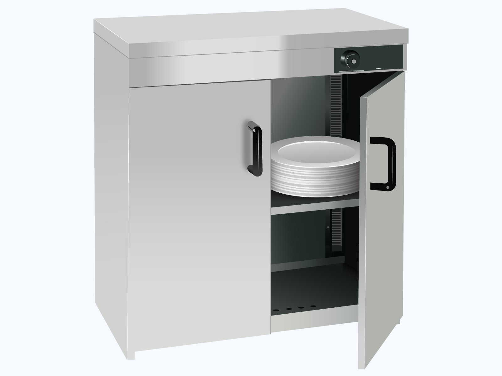 Ilustracja przedstawia szafę podgrzewacza, która przypomina zwykłą szafę. Od frontu znajduje się czarne pokrętło. Szafa posiada dwie pary drzwi  czarnymi uchwytami, z czego jedne są otwarte. W środku, sterta talerzy. 
