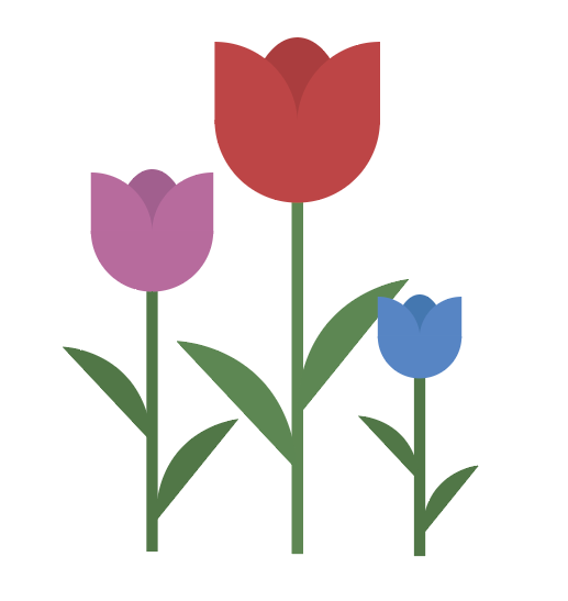 Ilustracja przedstawia trzy gotowe tulipany w kolorach czerwonym, fioletowym i niebieskim.